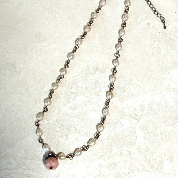 Pale Pink Freshwater Pearl Short Necklace with Cute Coral Pendant, Copper Links - Picture 10 of 16